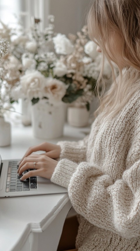 Hands Typing on a Laptop on a White Desk with Minimal Decoration – Cozy Feminine Blogger Aesthetic (543)