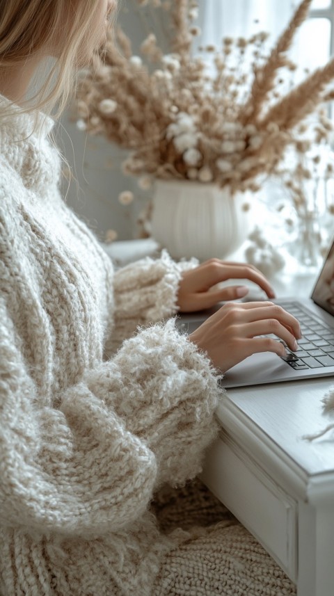 Hands Typing on a Laptop on a White Desk with Minimal Decoration – Cozy Feminine Blogger Aesthetic (552)