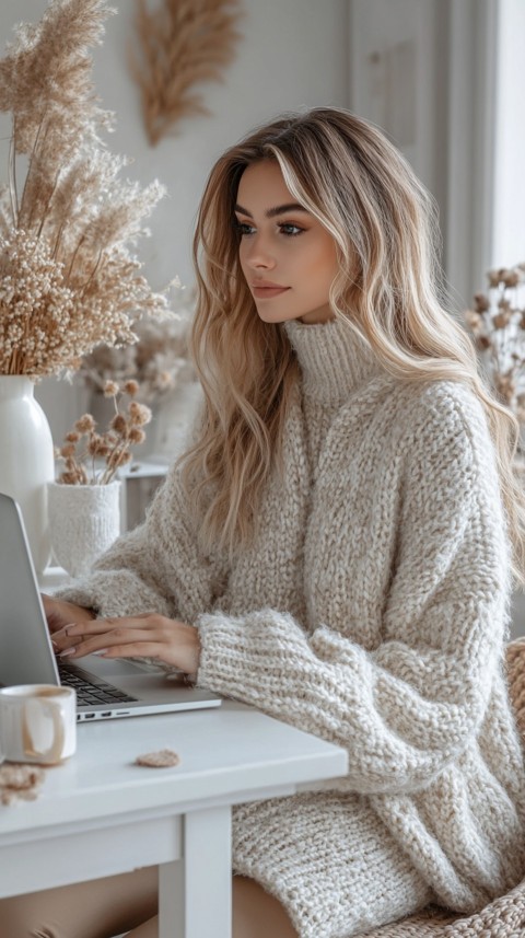 Hands Typing on a Laptop on a White Desk with Minimal Decoration – Cozy Feminine Blogger Aesthetic (537)