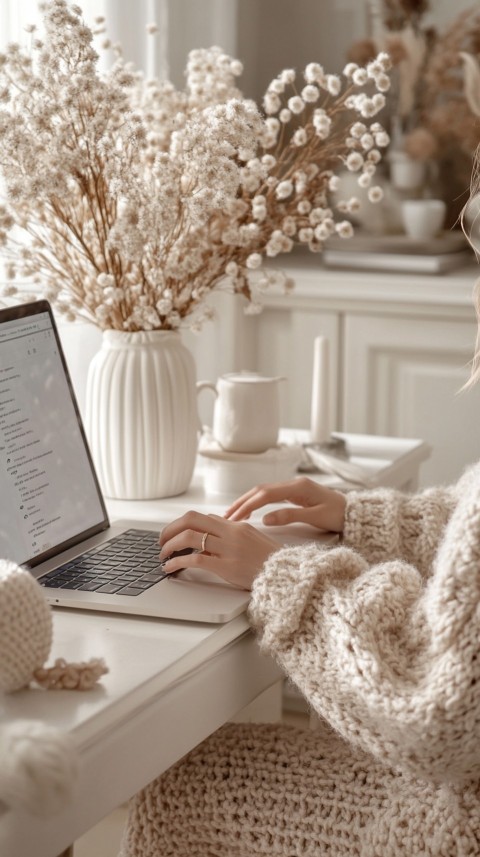 Hands Typing on a Laptop on a White Desk with Minimal Decoration – Cozy Feminine Blogger Aesthetic (546)