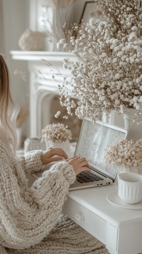 Hands Typing on a Laptop on a White Desk with Minimal Decoration – Cozy Feminine Blogger Aesthetic (554)