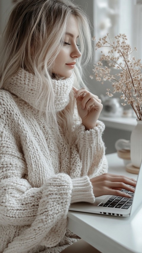 Hands Typing on a Laptop on a White Desk with Minimal Decoration – Cozy Feminine Blogger Aesthetic (541)