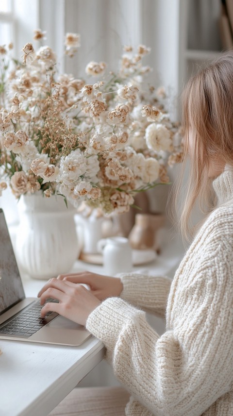 Hands Typing on a Laptop on a White Desk with Minimal Decoration – Cozy Feminine Blogger Aesthetic (545)