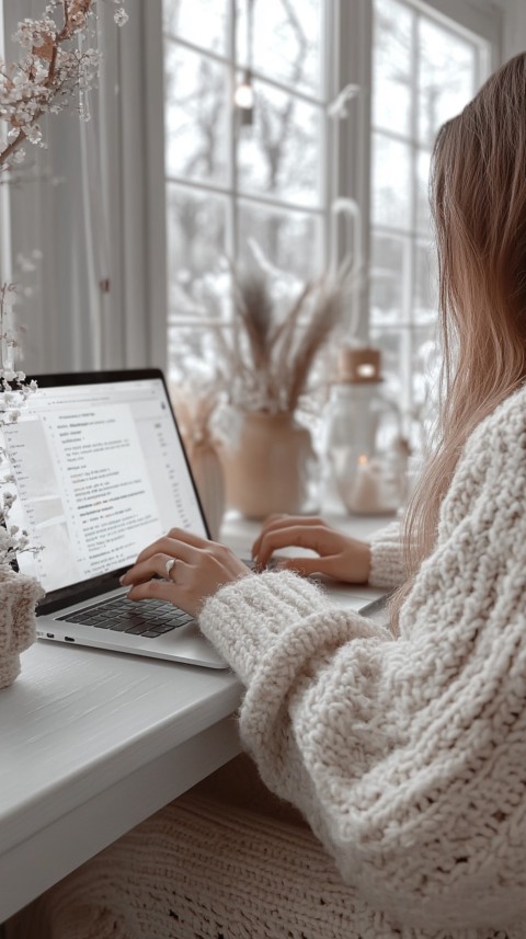 Hands Typing on a Laptop on a White Desk with Minimal Decoration – Cozy Feminine Blogger Aesthetic (580)