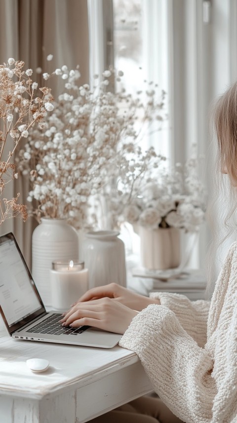 Hands Typing on a Laptop on a White Desk with Minimal Decoration – Cozy Feminine Blogger Aesthetic (590)