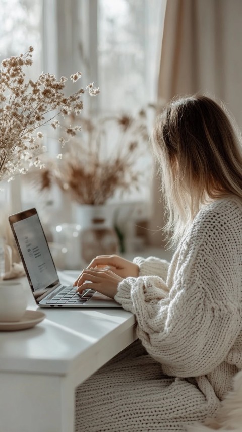 Hands Typing on a Laptop on a White Desk with Minimal Decoration – Cozy Feminine Blogger Aesthetic (587)