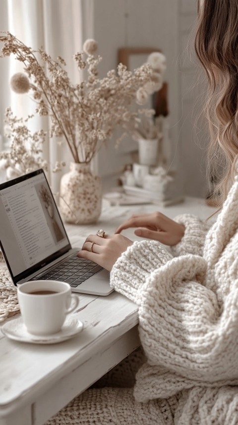 Hands Typing on a Laptop on a White Desk with Minimal Decoration – Cozy Feminine Blogger Aesthetic (567)