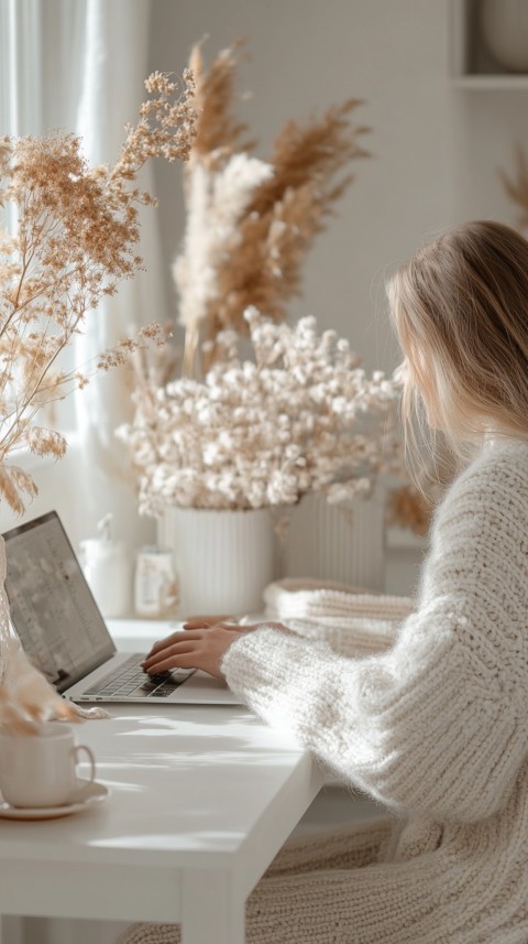 Hands Typing on a Laptop on a White Desk with Minimal Decoration – Cozy Feminine Blogger Aesthetic (565)