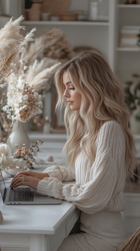 Hands Typing on a Laptop on a White Desk with Minimal Decoration – Cozy Feminine Blogger Aesthetic (573)