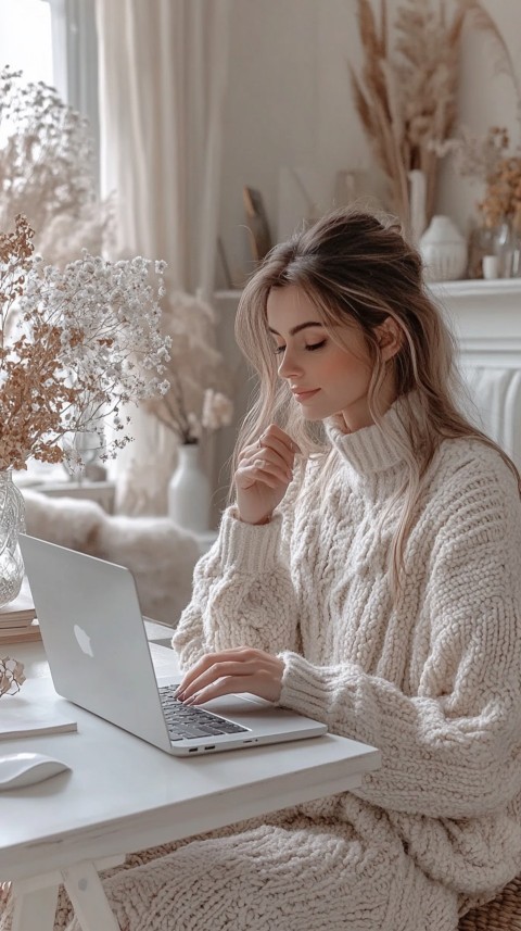 Hands Typing on a Laptop on a White Desk with Minimal Decoration – Cozy Feminine Blogger Aesthetic (578)