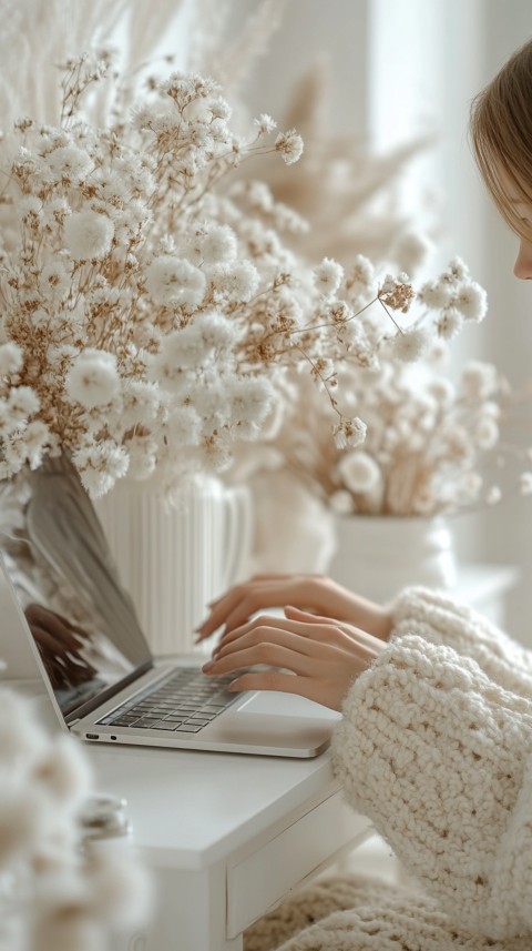 Hands Typing on a Laptop on a White Desk with Minimal Decoration – Cozy Feminine Blogger Aesthetic (586)