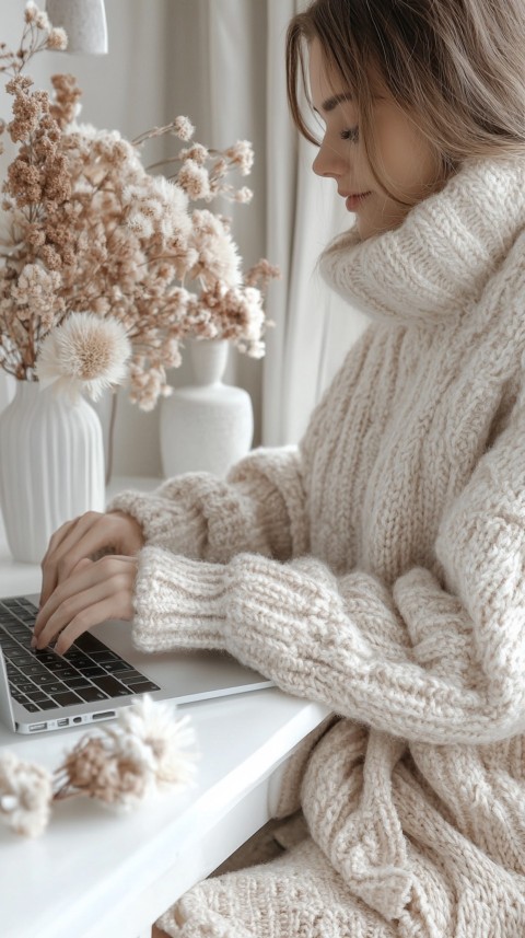 Hands Typing on a Laptop on a White Desk with Minimal Decoration – Cozy Feminine Blogger Aesthetic (585)