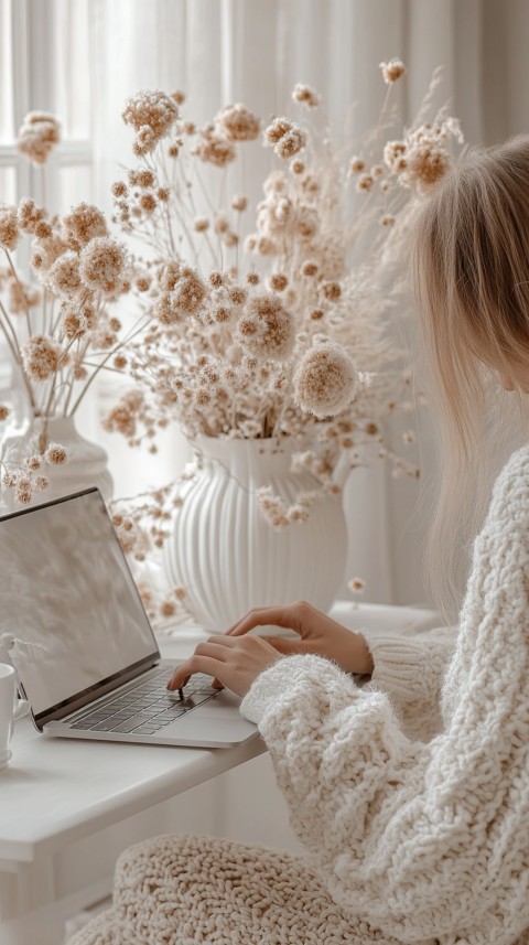 Hands Typing on a Laptop on a White Desk with Minimal Decoration – Cozy Feminine Blogger Aesthetic (566)