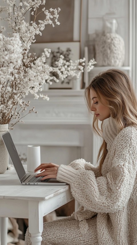 Hands Typing on a Laptop on a White Desk with Minimal Decoration – Cozy Feminine Blogger Aesthetic (577)