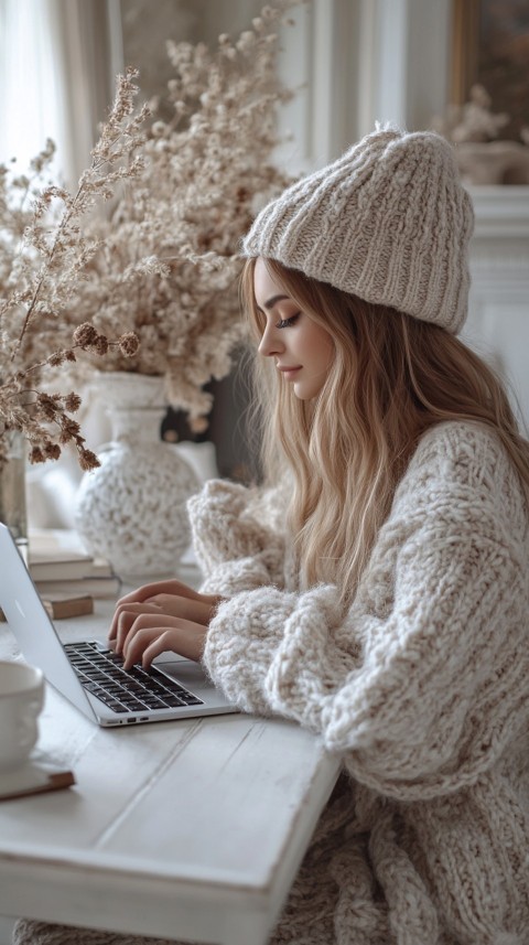 Hands Typing on a Laptop on a White Desk with Minimal Decoration – Cozy Feminine Blogger Aesthetic (572)