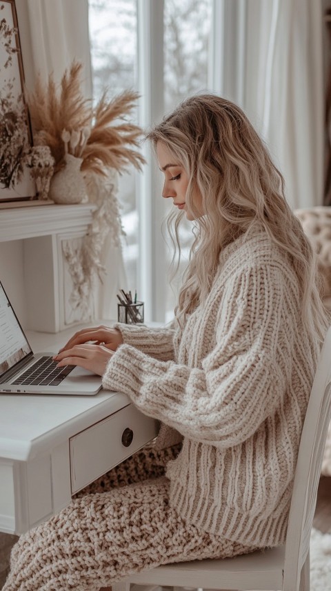 Hands Typing on a Laptop on a White Desk with Minimal Decoration – Cozy Feminine Blogger Aesthetic (574)