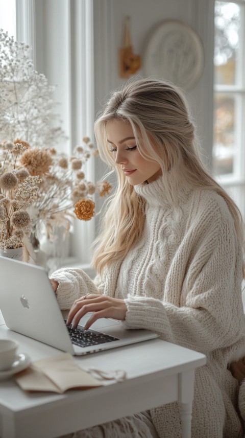 Hands Typing on a Laptop on a White Desk with Minimal Decoration – Cozy Feminine Blogger Aesthetic (609)