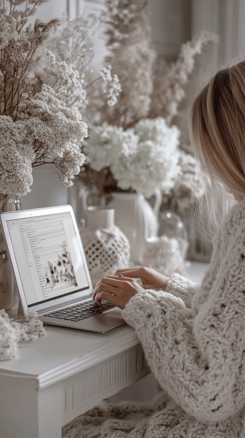 Hands Typing on a Laptop on a White Desk with Minimal Decoration – Cozy Feminine Blogger Aesthetic (594)