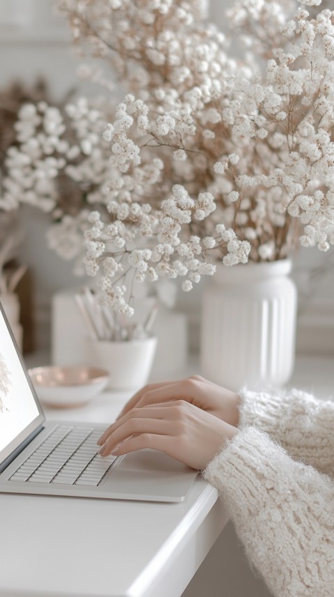 Hands Typing on a Laptop on a White Desk with Minimal Decoration – Cozy Feminine Blogger Aesthetic (595)