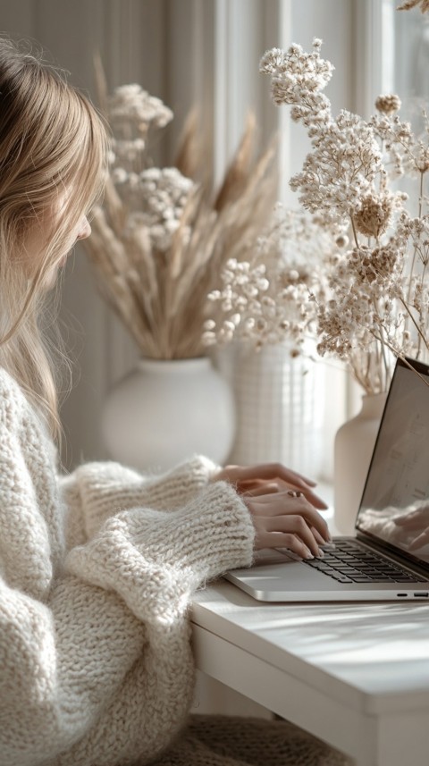 Hands Typing on a Laptop on a White Desk with Minimal Decoration – Cozy Feminine Blogger Aesthetic (603)