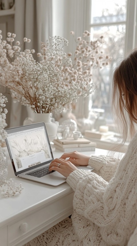 Hands Typing on a Laptop on a White Desk with Minimal Decoration – Cozy Feminine Blogger Aesthetic (610)