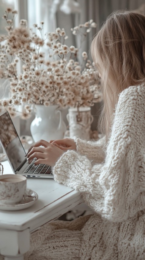 Hands Typing on a Laptop on a White Desk with Minimal Decoration – Cozy Feminine Blogger Aesthetic (596)