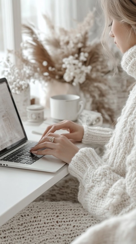 Hands Typing on a Laptop on a White Desk with Minimal Decoration – Cozy Feminine Blogger Aesthetic (607)