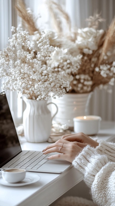 Hands Typing on a Laptop on a White Desk with Minimal Decoration – Cozy Feminine Blogger Aesthetic (606)