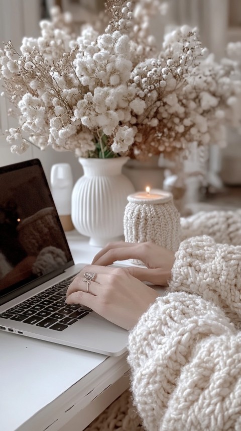 Hands Typing on a Laptop on a White Desk with Minimal Decoration – Cozy Feminine Blogger Aesthetic (601)