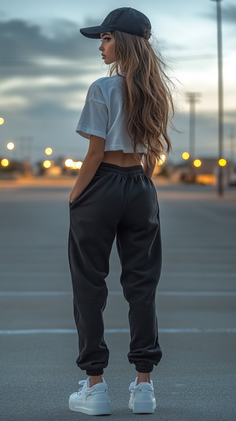 Long Distance Back Shot of a Woman in Black Sweatpants and a Cropped White T Shirt Posing in a Parking Lot at Night (14)