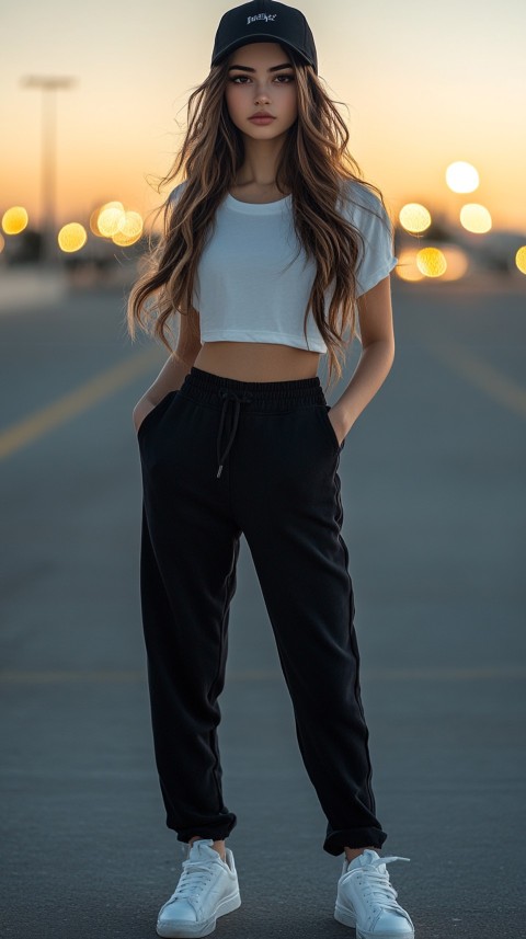 Long Distance Back Shot of a Woman in Black Sweatpants and a Cropped White T Shirt Posing in a Parking Lot at Night (1)