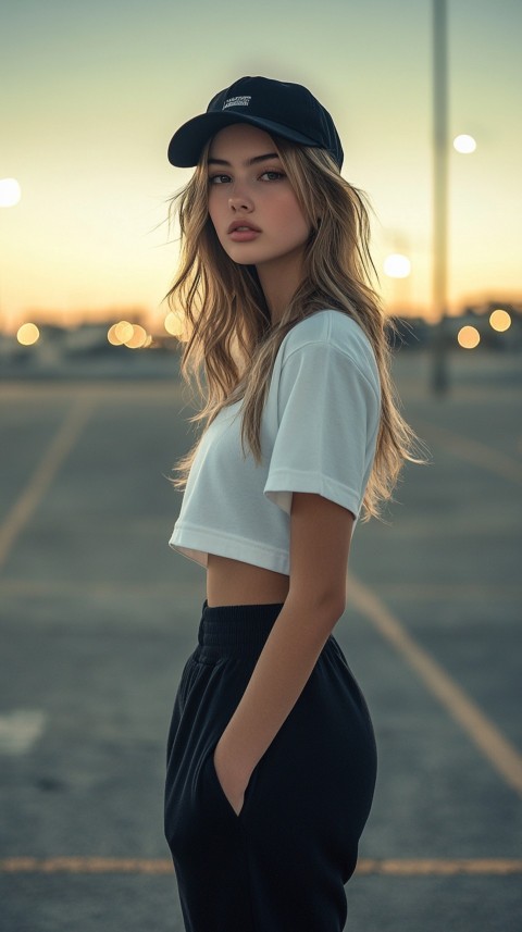 Long Distance Back Shot of a Woman in Black Sweatpants and a Cropped White T Shirt Posing in a Parking Lot at Night (10)