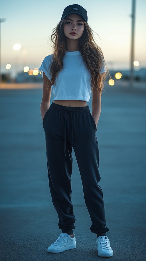 Long Distance Back Shot of a Woman in Black Sweatpants and a Cropped White T Shirt Posing in a Parking Lot at Night (15)