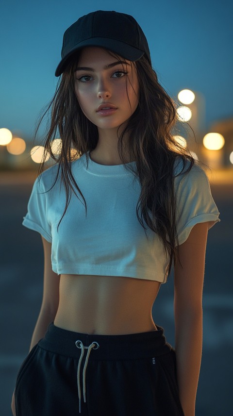 Long Distance Back Shot of a Woman in Black Sweatpants and a Cropped White T Shirt Posing in a Parking Lot at Night (18)