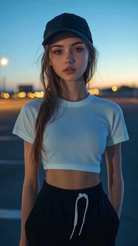 Long Distance Back Shot of a Woman in Black Sweatpants and a Cropped White T Shirt Posing in a Parking Lot at Night (12)