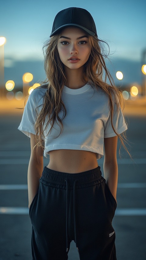 Long Distance Back Shot of a Woman in Black Sweatpants and a Cropped White T Shirt Posing in a Parking Lot at Night (17)