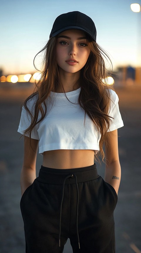 Long Distance Back Shot of a Woman in Black Sweatpants and a Cropped White T Shirt Posing in a Parking Lot at Night (32)