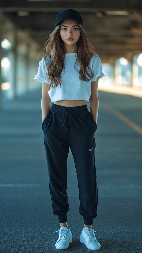 Long Distance Back Shot of a Woman in Black Sweatpants and a Cropped White T Shirt Posing in a Parking Lot at Night (40)