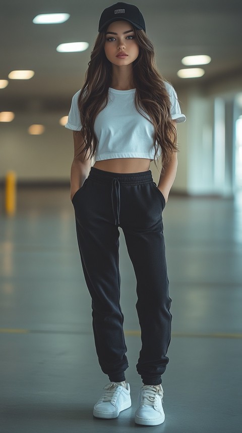 Long Distance Back Shot of a Woman in Black Sweatpants and a Cropped White T Shirt Posing in a Parking Lot at Night (37)