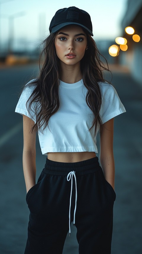 Long Distance Back Shot of a Woman in Black Sweatpants and a Cropped White T Shirt Posing in a Parking Lot at Night (30)