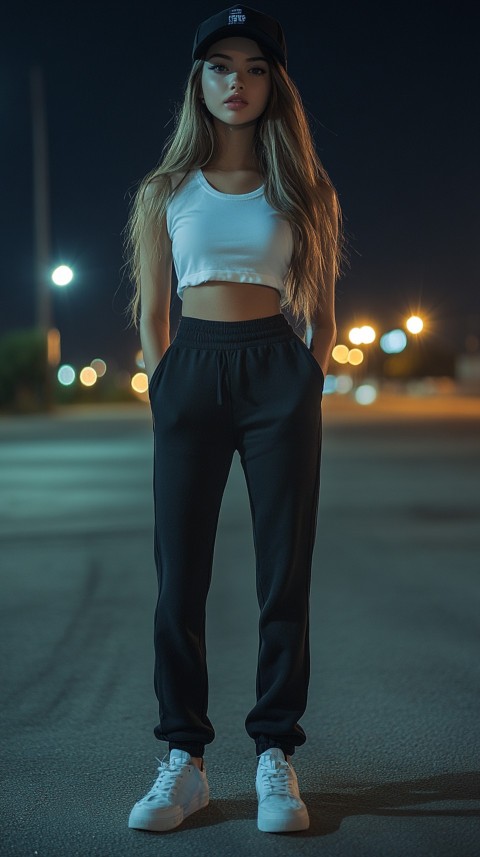 Long Distance Back Shot of a Woman in Black Sweatpants and a Cropped White T Shirt Posing in a Parking Lot at Night (21)