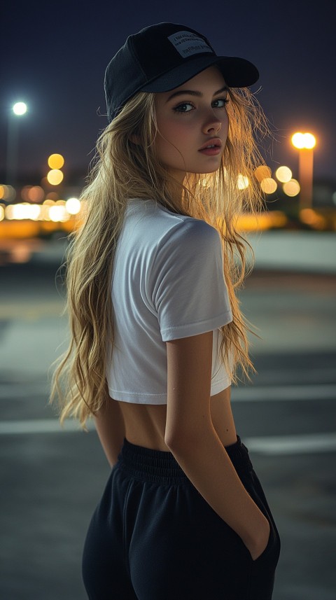 Long Distance Back Shot of a Woman in Black Sweatpants and a Cropped White T Shirt Posing in a Parking Lot at Night (33)