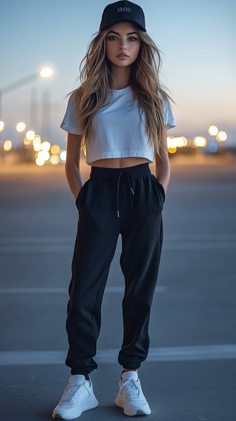 Long Distance Back Shot of a Woman in Black Sweatpants and a Cropped White T Shirt Posing in a Parking Lot at Night (24)