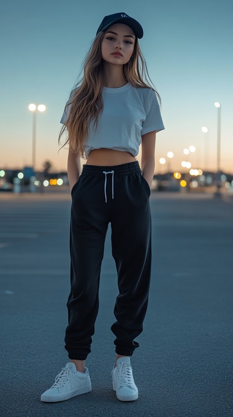 Long Distance Back Shot of a Woman in Black Sweatpants and a Cropped White T Shirt Posing in a Parking Lot at Night (41)