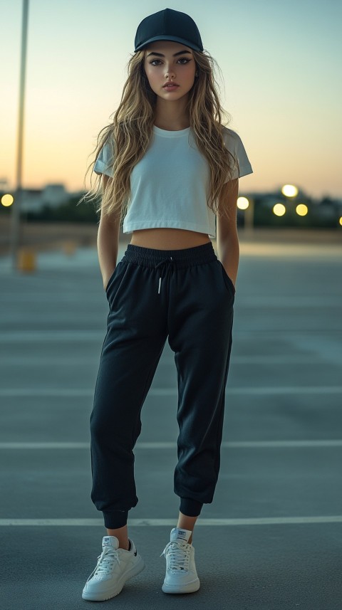 Long Distance Back Shot of a Woman in Black Sweatpants and a Cropped White T Shirt Posing in a Parking Lot at Night (55)