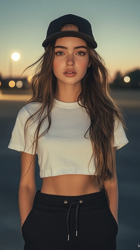 Long Distance Back Shot of a Woman in Black Sweatpants and a Cropped White T Shirt Posing in a Parking Lot at Night (56)