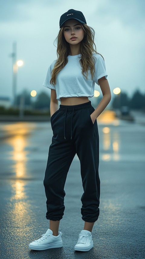 Long Distance Back Shot of a Woman in Black Sweatpants and a Cropped White T Shirt Posing in a Parking Lot at Night (59)