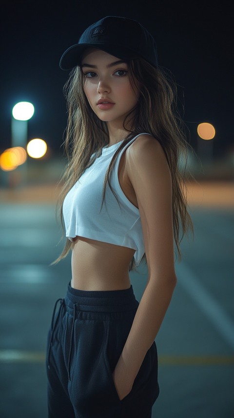 Long Distance Back Shot of a Woman in Black Sweatpants and a Cropped White T Shirt Posing in a Parking Lot at Night (52)