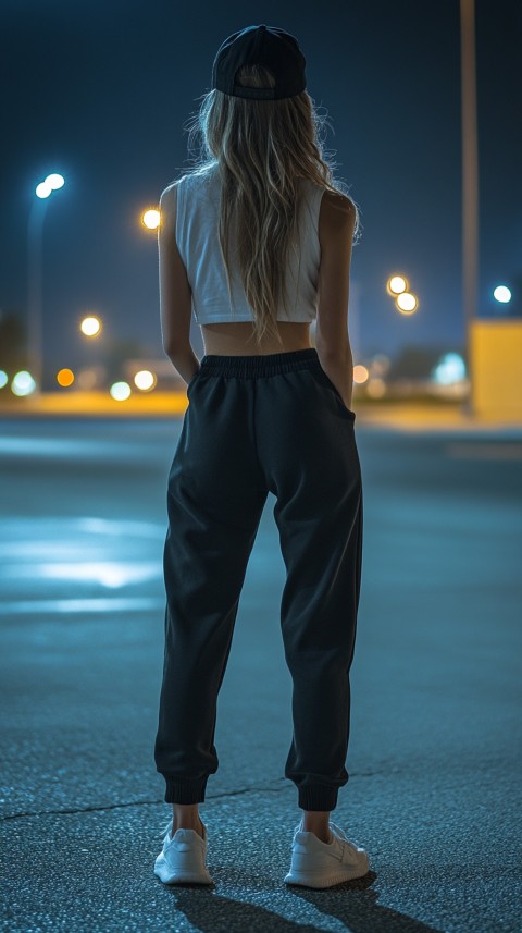 Long Distance Back Shot of a Woman in Black Sweatpants and a Cropped White T Shirt Posing in a Parking Lot at Night (47)