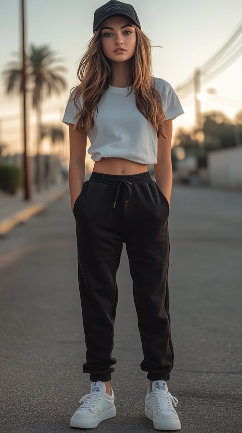 Long Distance Back Shot of a Woman in Black Sweatpants and a Cropped White T Shirt Posing in a Parking Lot at Night (62)